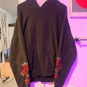 La Hearts Black Hoodie with Red Rose Embroidery